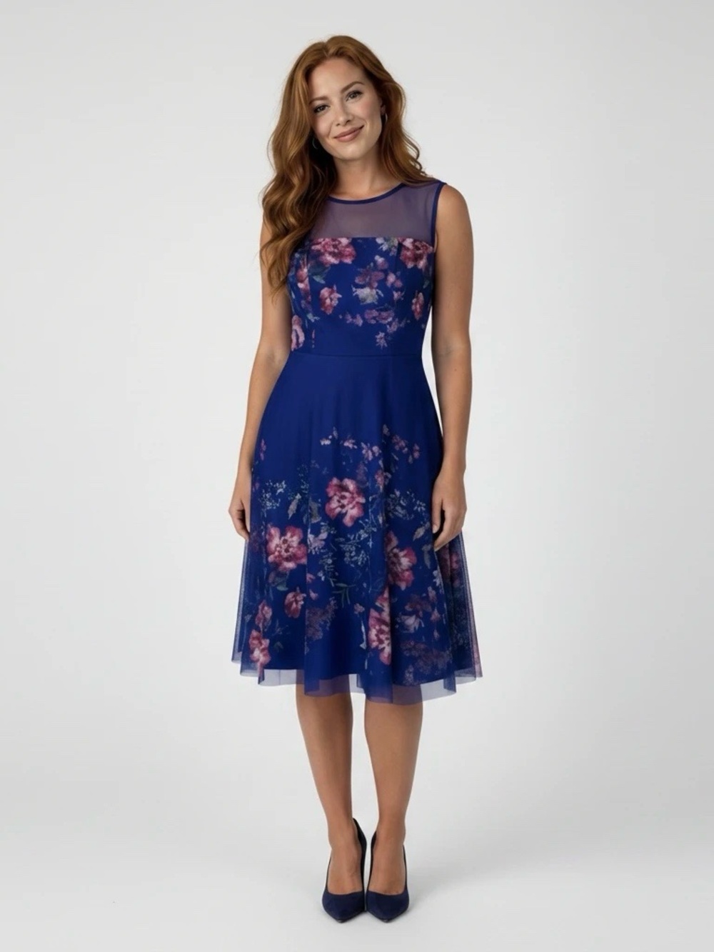 Candalite Blue Floral Dress with Mesh Neckline – Women’s Medium